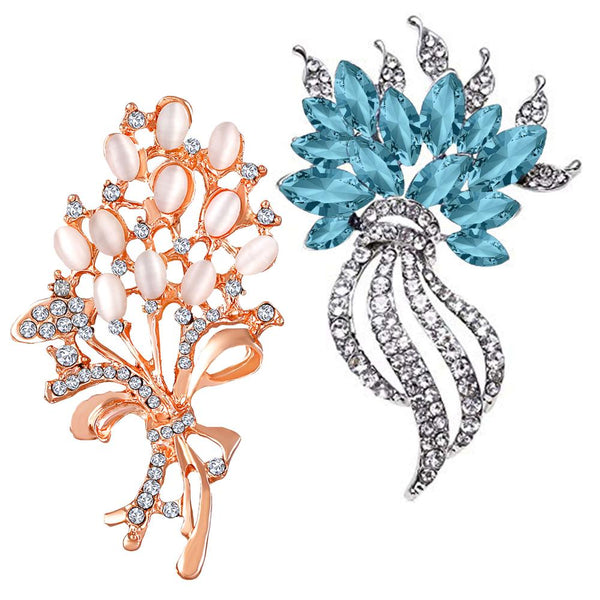 Mahi Combo of Aqua Blue and white Crystals with Rose Gold & Rhodium Plating Wedding Brooch for Women (CO1105630M)