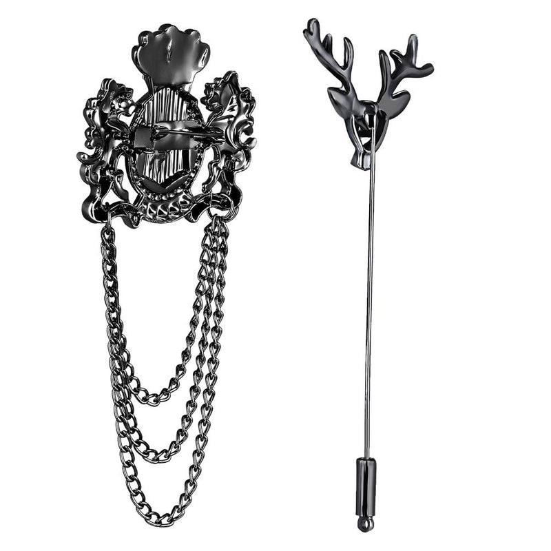 Mahi Combo of Deer-Face Shaped Lapel Pin and Layered Chain with Dual Unicorn-Shaped Brooch for Men (CO1105657B)