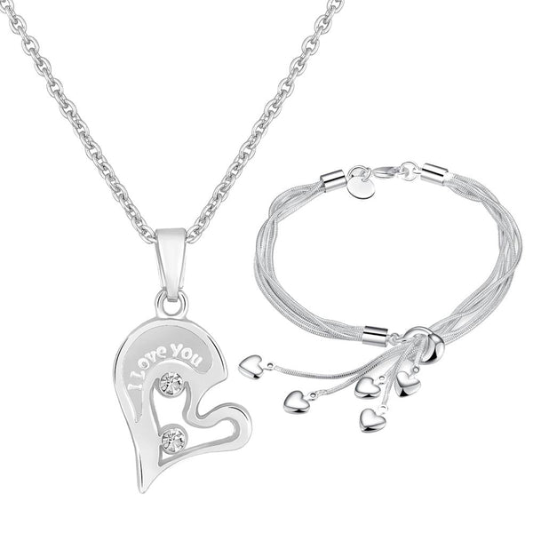 Mahi Combo of Small Hearts Chain Bracelet "I LOVE YOU Engraved Broken Heart Pendant with Crystal for Women (CO1105669R)