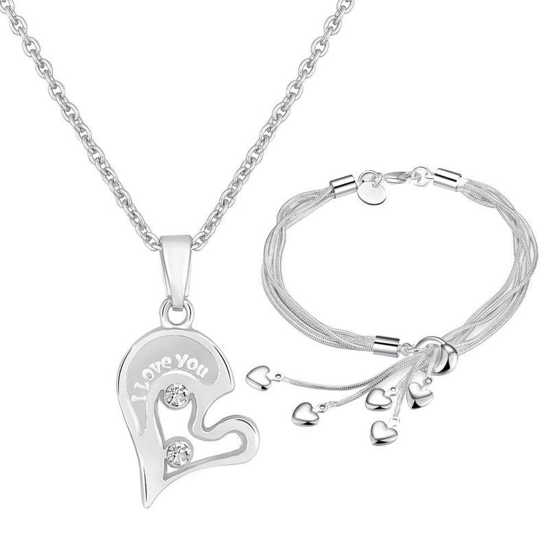 Mahi Combo of Small Hearts Chain Bracelet "I LOVE YOU Engraved Broken Heart Pendant with Crystal for Women (CO1105669R)