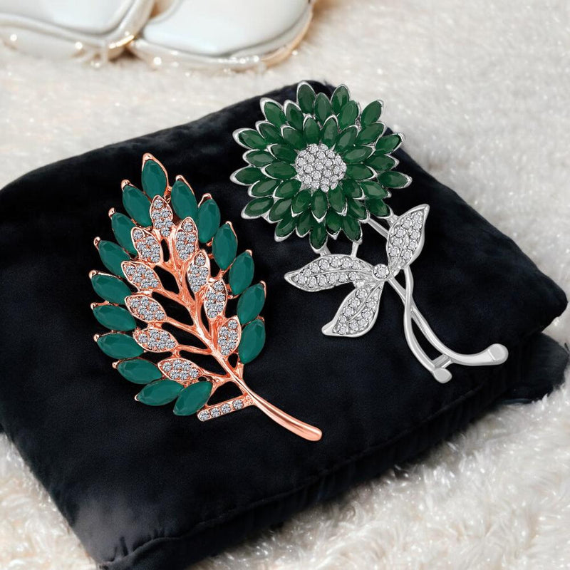 Mahi Combo of Leaf and Sunflower Shape Crystal Studed Wedding Brooch / Lapel Pin for Women (CO1105745M)