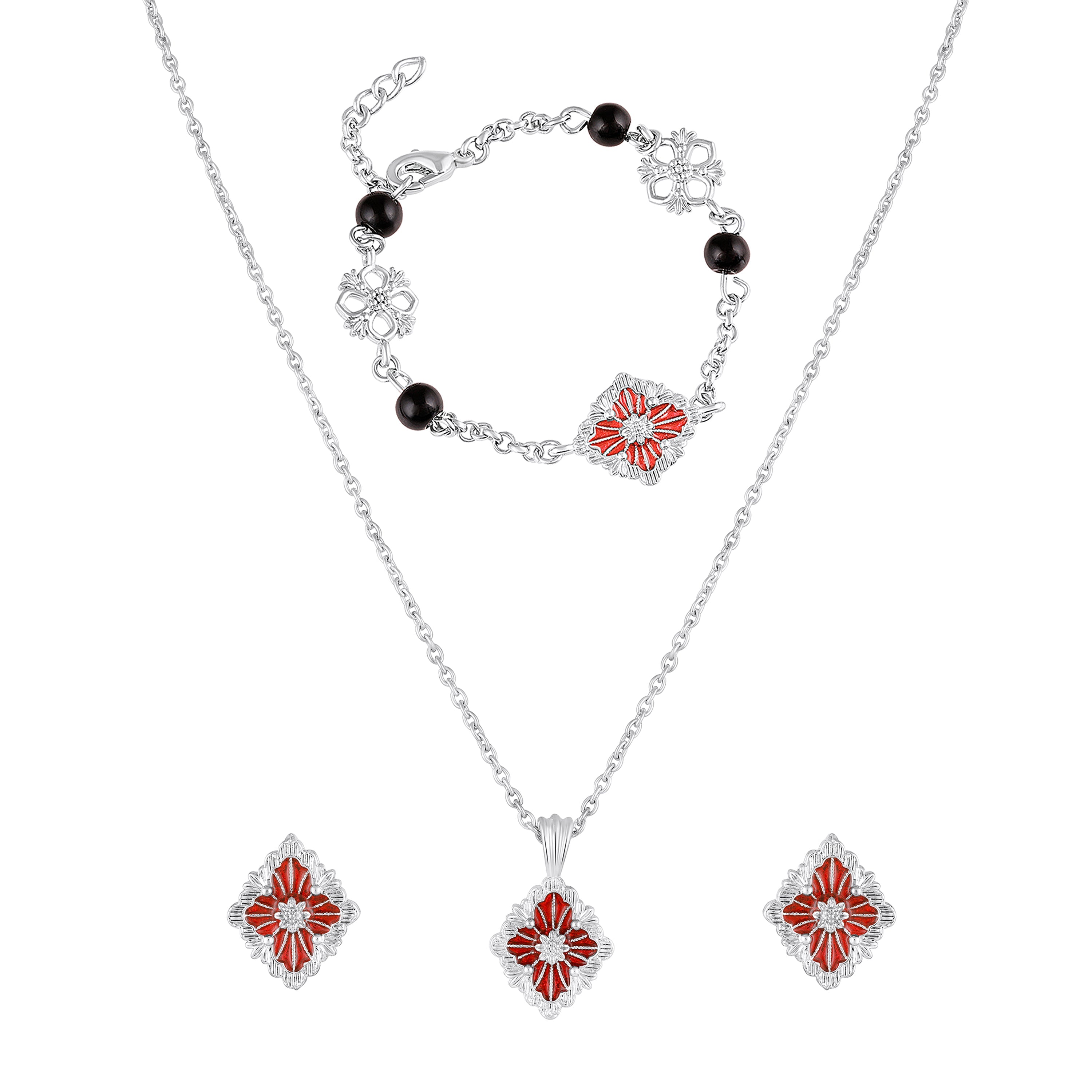 Mahi Scarlet Bloom Red Meenakari Enamel Pendant Earrings Bracelet Jewellery Set for Women & Girls (CO1105860R)