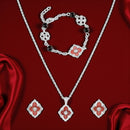 Mahi Scarlet Bloom Red Meenakari Enamel Pendant Earrings Bracelet Jewellery Set for Women & Girls (CO1105860R)