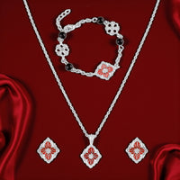 Mahi Scarlet Bloom Red Meenakari Enamel Pendant Earrings Bracelet Jewellery Set for Women & Girls (CO1105860R)