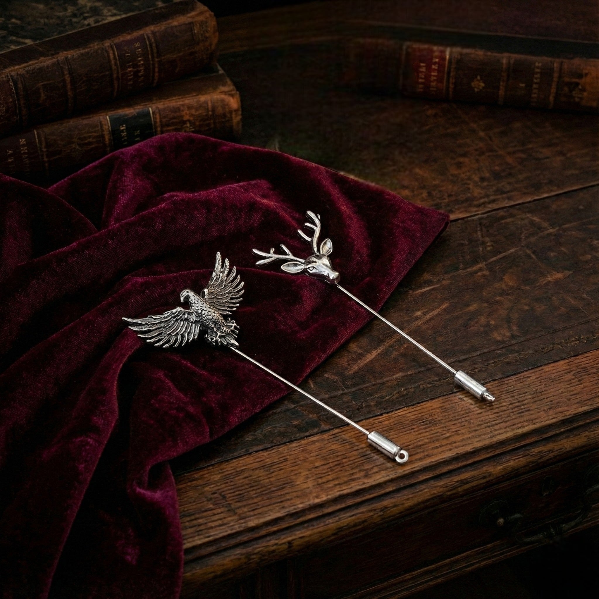 Mahi Regal Wildlife Eagle-&-Deer-Face Theme Lapel Pin / Brooch Set for Men (CO1105863R)