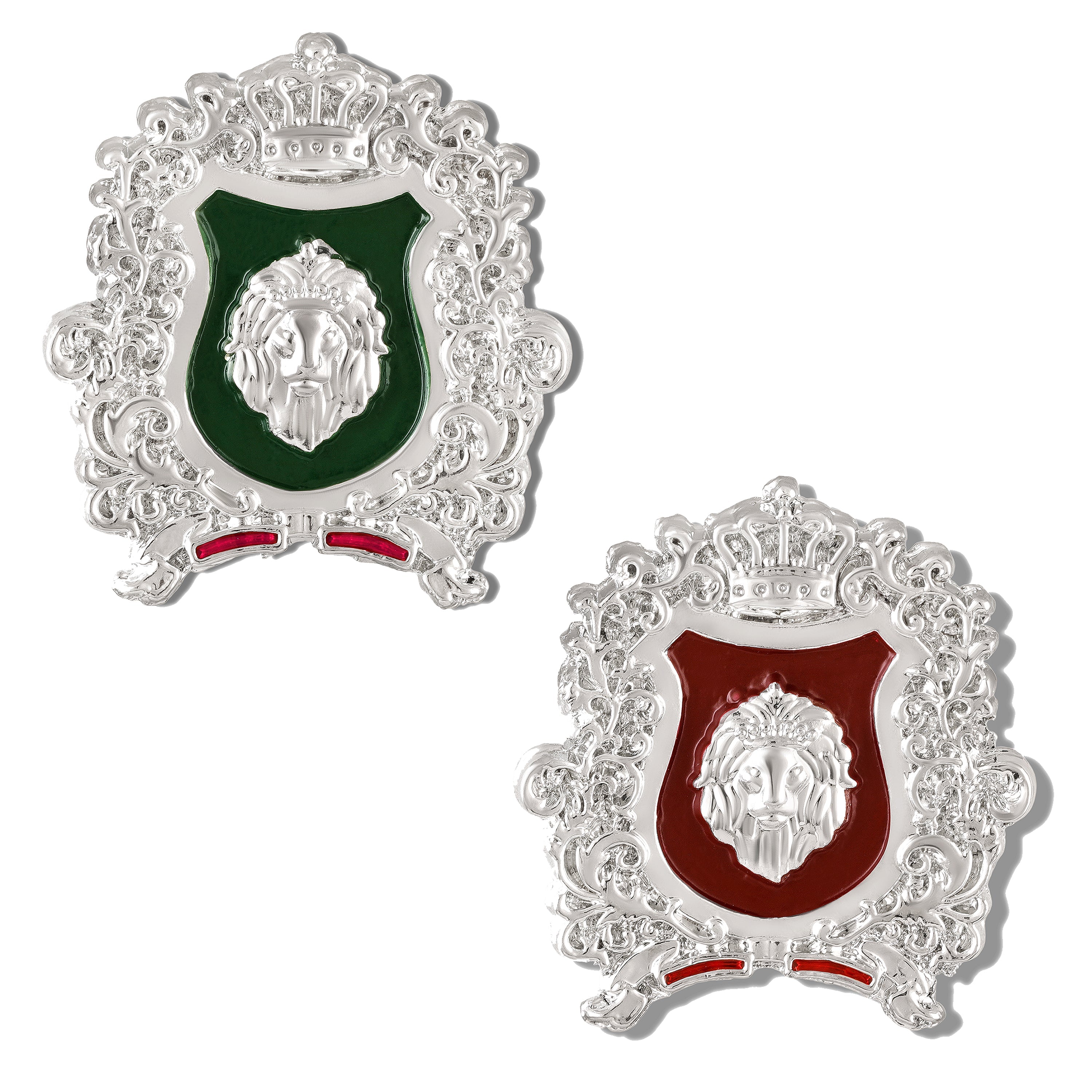 Mahi Combo of 2 Royal Crest Lion-Head-Shaped Vintage Crown Emblem Green & Maroon Enamel Designer Lapel Pin Brooch Pin for Men (CO1105866R)
