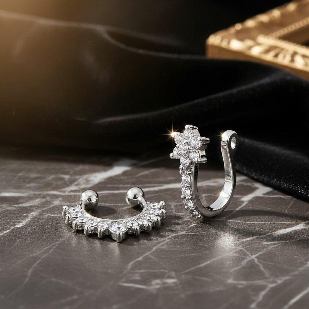 Mahi Adjustable Non-Piercing Nose Rings Set | Silver-Tone Clip-On Nose Hoop & Sparkling Crystals Flower and Septum Nose Cuff (CO1105869R)