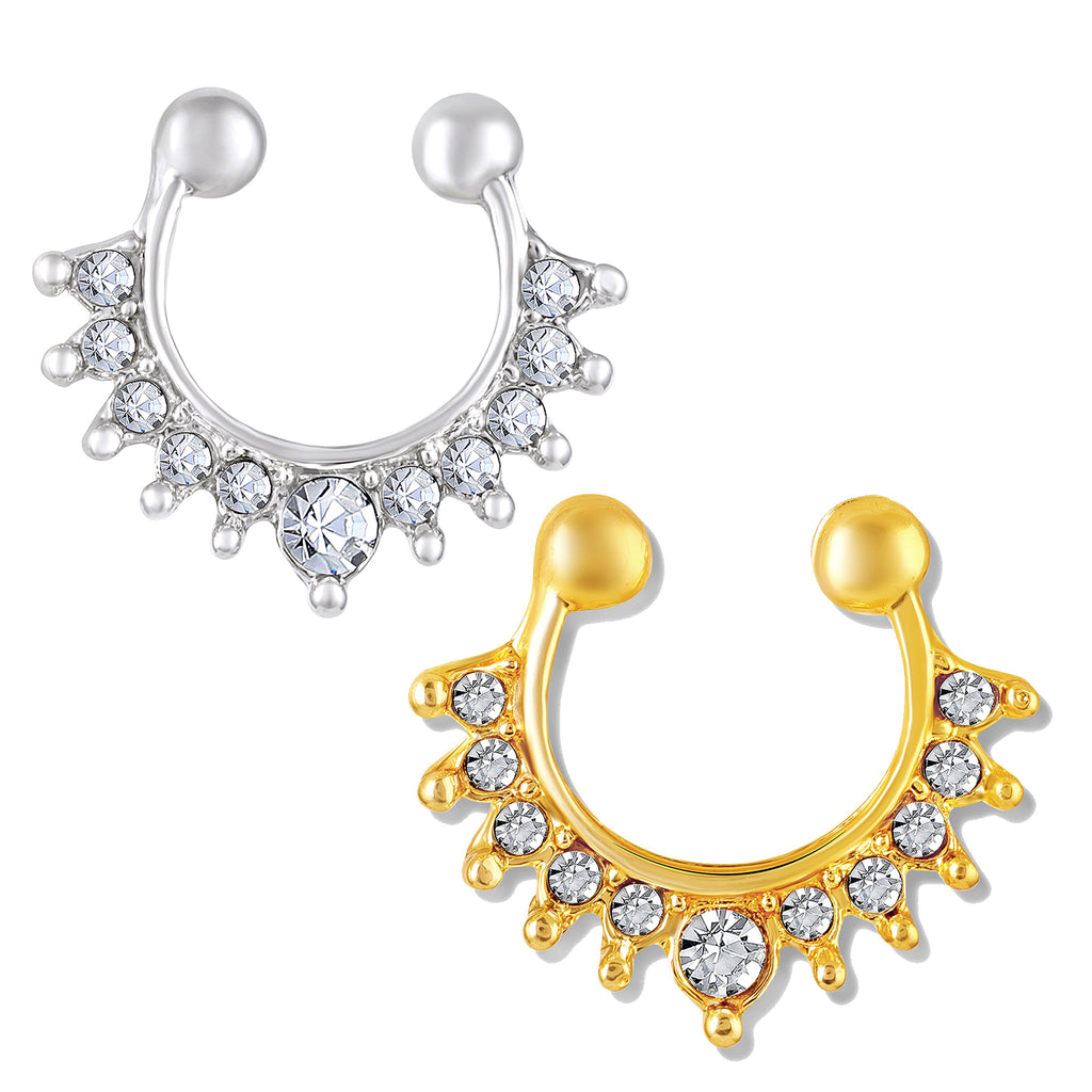 Mahi Adjustable Non-Piercing Combo of Septum Nose Ring | Clip-On Faux Nose Ring with Sparkling Crystals | Gold & Silver Finish (CO1105870M)