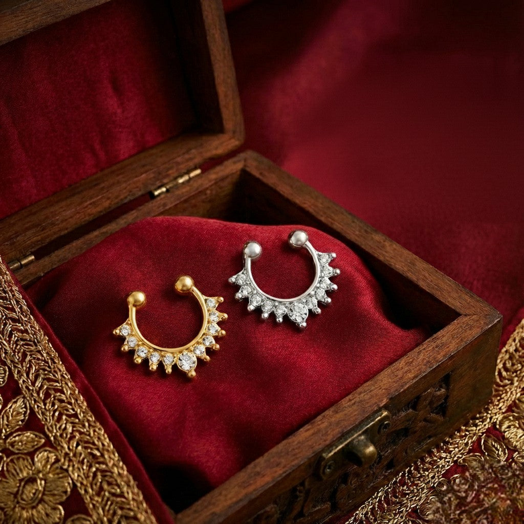 Mahi Adjustable Non-Piercing Combo of Septum Nose Ring | Clip-On Faux Nose Ring with Sparkling Crystals | Gold & Silver Finish (CO1105870M)