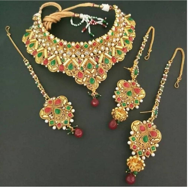 Darshana Jewels AD Stone Copper Necklace Set With Maang Tikka