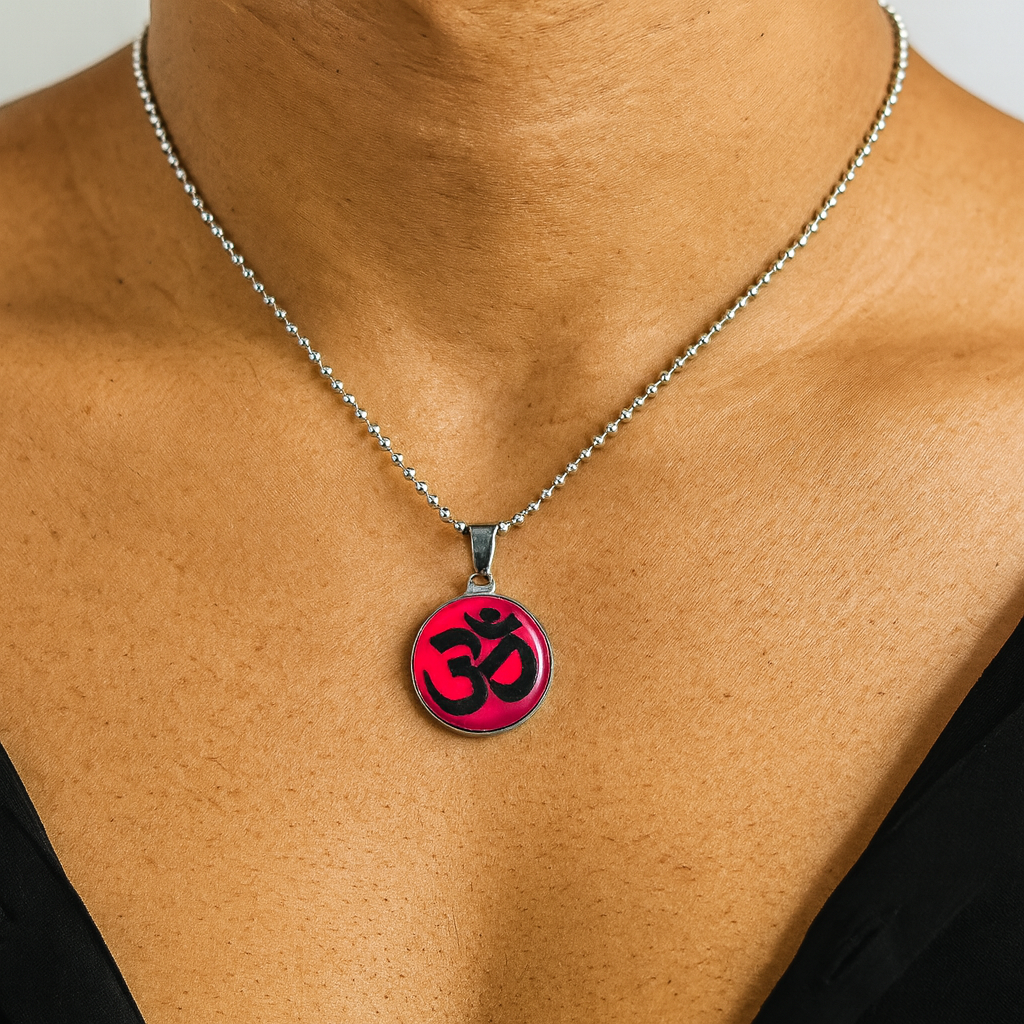 Urthn Glass Framed Orange Enamel Om Locket Chain Pendant