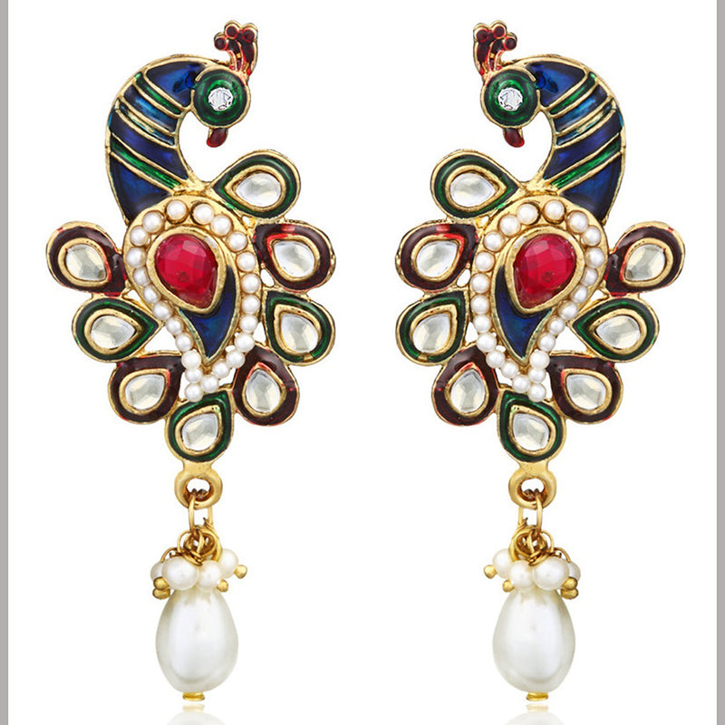 Midas Touch Gold Plated Crystal Stone And Meenakari Peacock Dangler Earrings