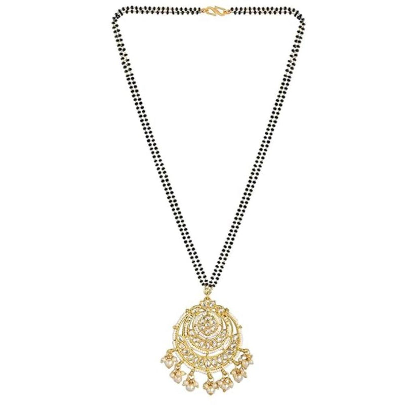 Etnico Gold Plated Traditional Pearl Kundan Studded Pendant with Black Bead Chain Mangalsutra for Women (D087W)