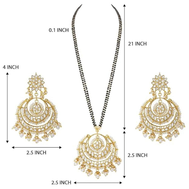 Etnico Gold Plated Traditional Pearl Kundan Studded Pendant with Black Bead Chain Mangalsutra With Earrings for Women (D089W)