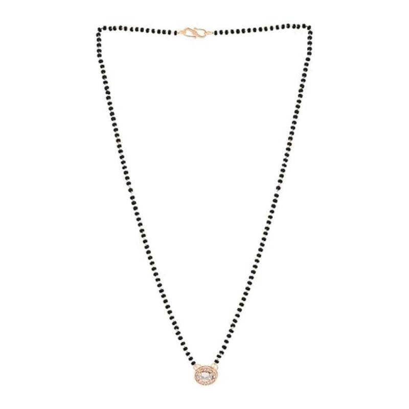 Etnico Rose Gold Plated Traditional Single Line American Diamond Pendant With Black Bead Chain Mangalsutra for Women (Oval)