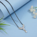 Etnico Gold Plated Single Line CZ Diamond Pendant with Black Bead Long Chain Mangalsutra for Women