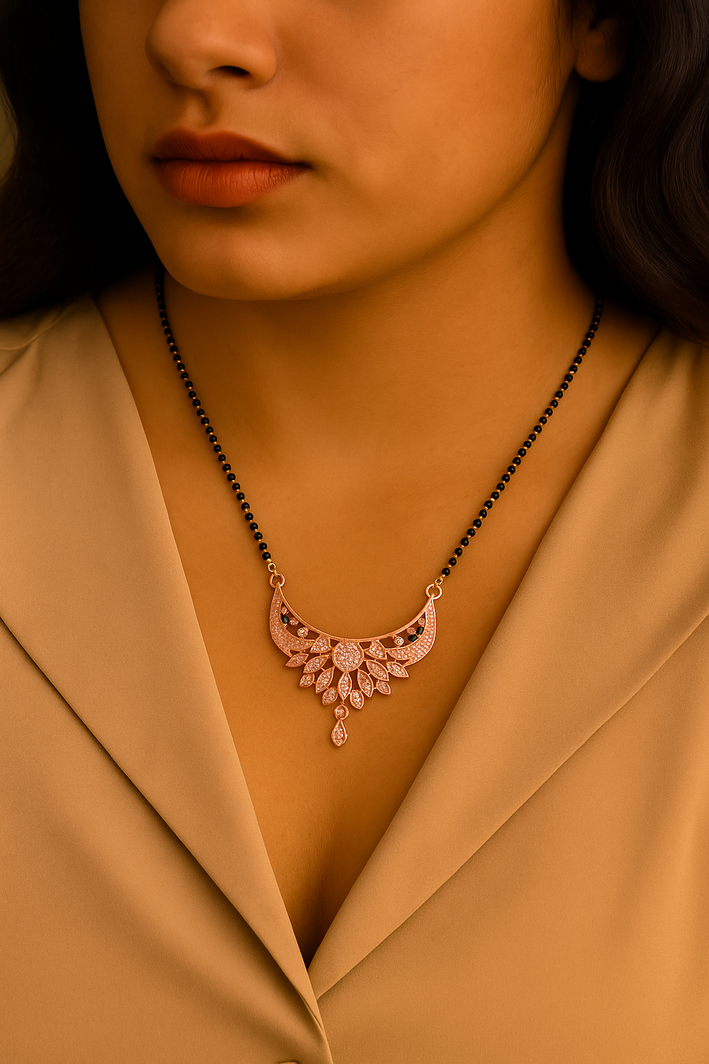 Etnico Rose Gold Plated Traditional Single Line CZ American Diamond Pendant with Black Bead Long Chain Mangalsutra for Women