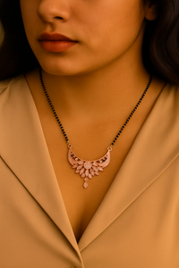 Etnico Rose Gold Plated Traditional Single Line CZ American Diamond Pendant with Black Bead Long Chain Mangalsutra for Women