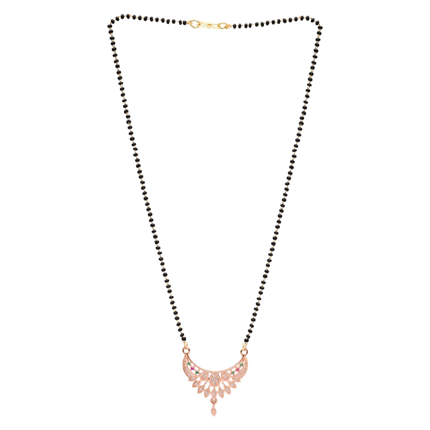 Etnico Rose Gold Plated Traditional Single Line CZ American Diamond Pendant with Black Bead Long Chain Mangalsutra for Women