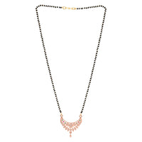 Etnico Rose Gold Plated Traditional Single Line CZ American Diamond Pendant with Black Bead Long Chain Mangalsutra for Women