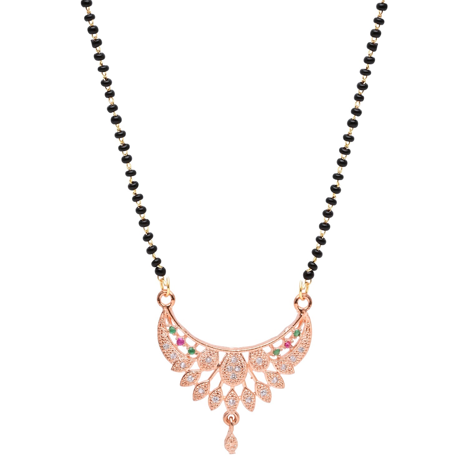 Etnico Rose Gold Plated Traditional Single Line CZ American Diamond Pendant with Black Bead Long Chain Mangalsutra for Women