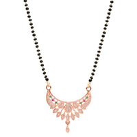 Etnico Rose Gold Plated Traditional Single Line CZ American Diamond Pendant with Black Bead Long Chain Mangalsutra for Women