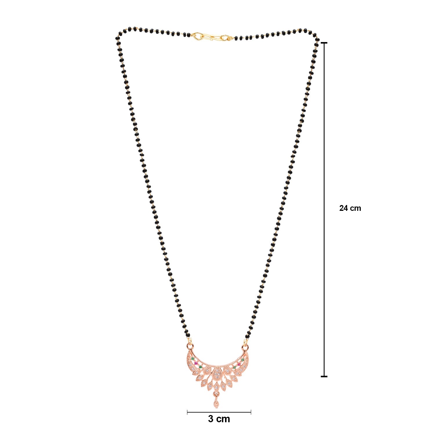 Etnico Rose Gold Plated Traditional Single Line CZ American Diamond Pendant with Black Bead Long Chain Mangalsutra for Women