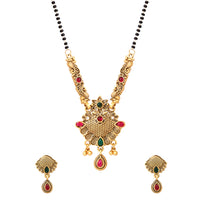 Etnico Gold Plated Traditional Pendant & Black Bead Chain Mangalsutra With Earrings For Women