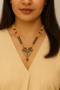 Etnico Gold Plated Traditional Pendant & Black Bead Chain Mangalsutra With Earrings For Women