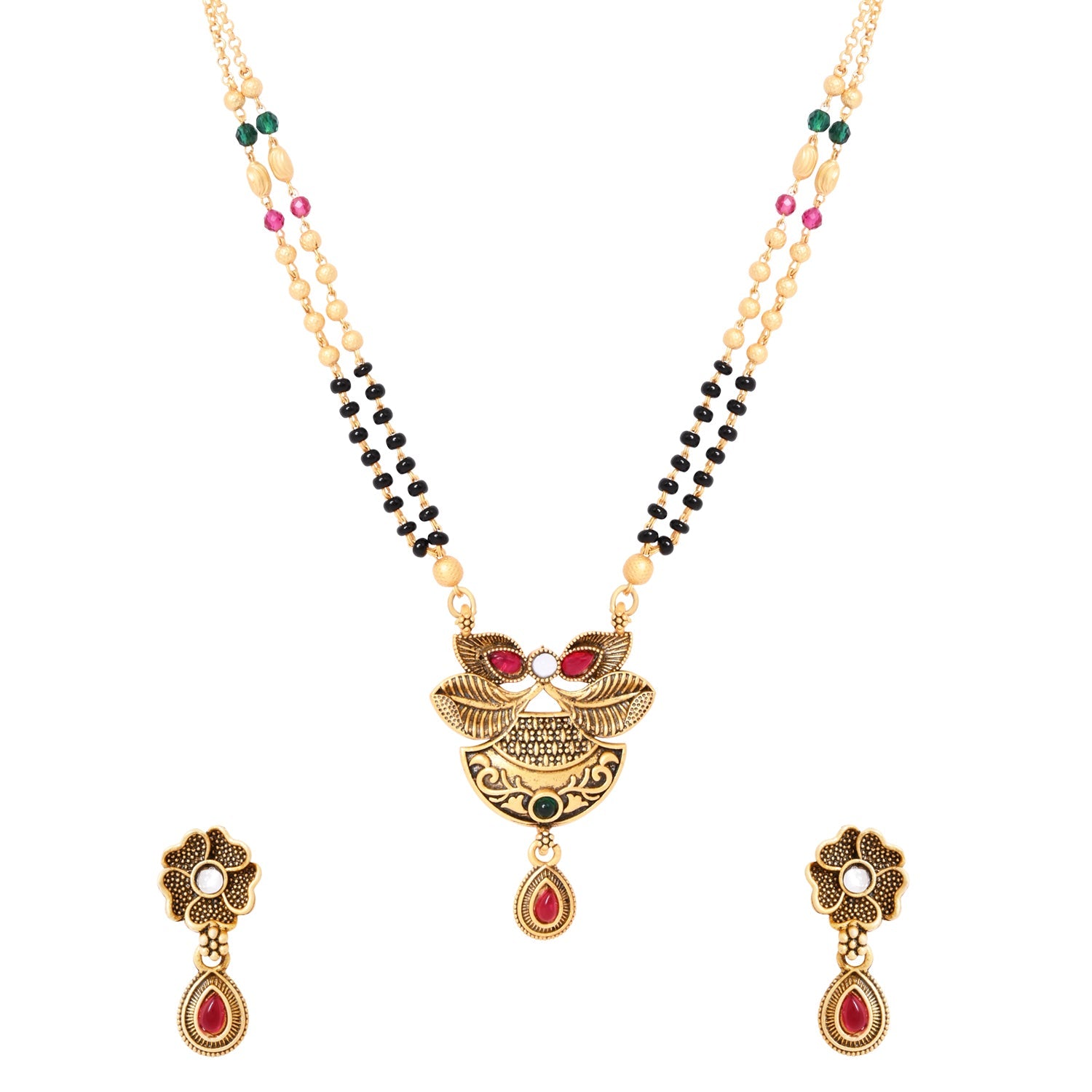 Etnico Gold Plated Traditional Pendant & Black Bead Chain Mangalsutra With Earrings For Women