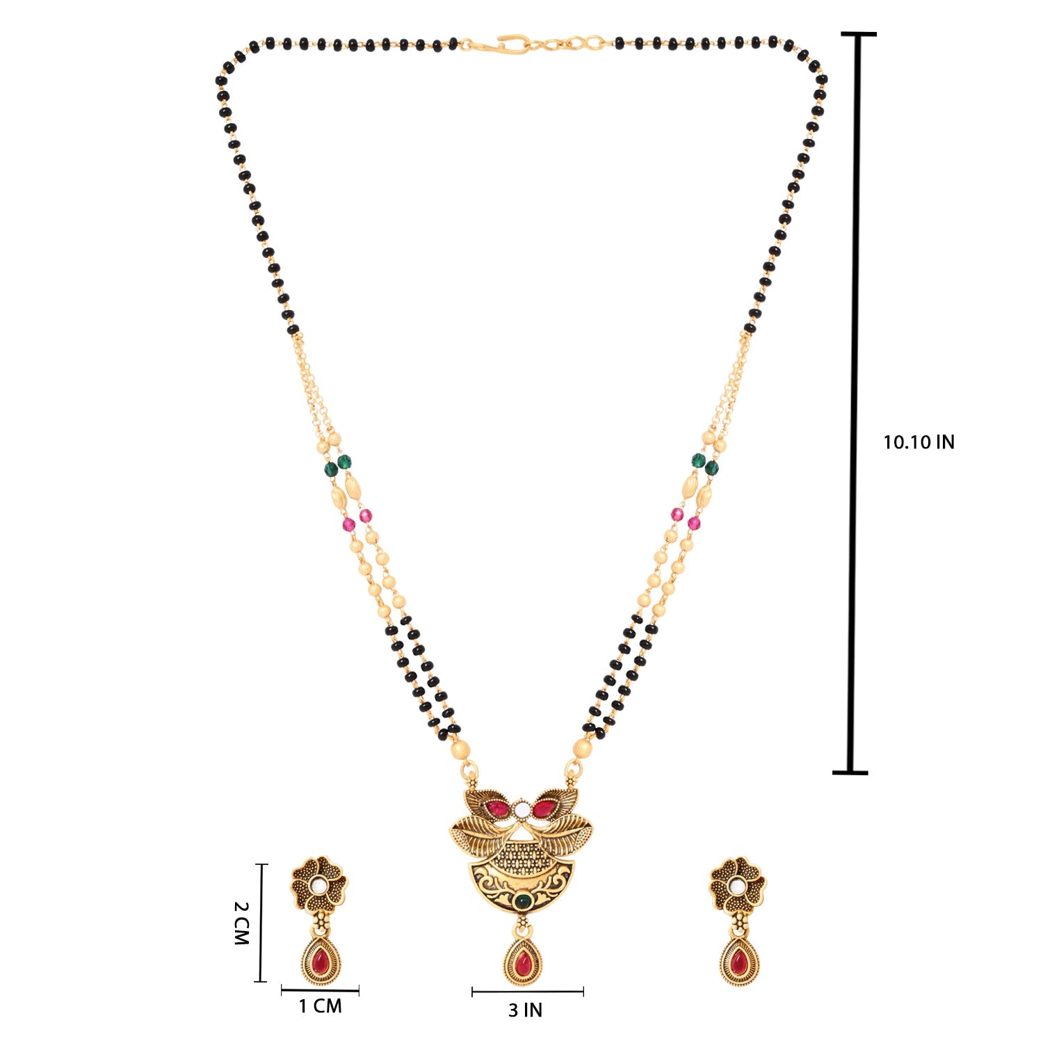 Etnico Gold Plated Traditional Pendant & Black Bead Chain Mangalsutra With Earrings For Women