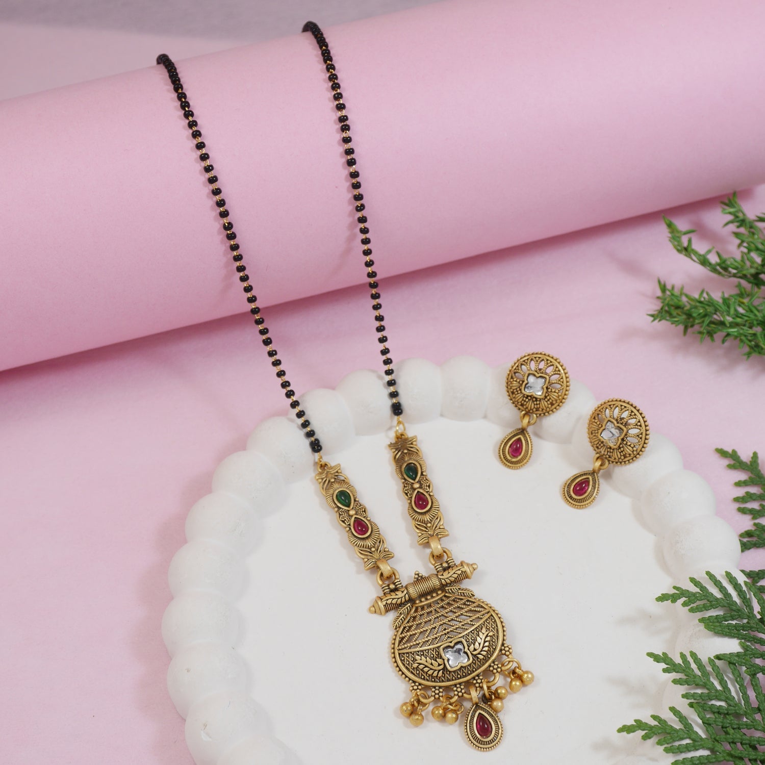 Etnico Gold Plated Traditional Studded Pendant & Black Bead Chain Mangalsutra With Earrings For Women