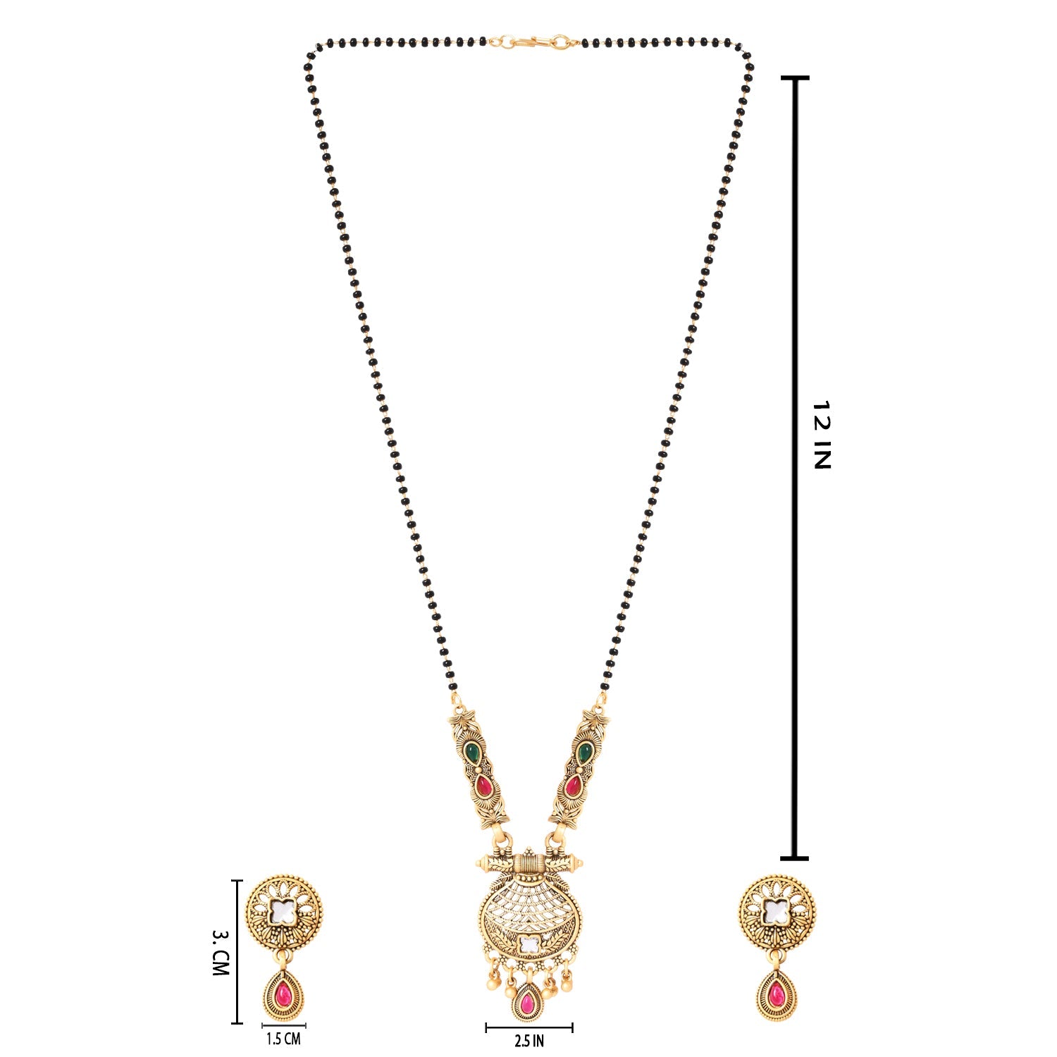 Etnico Gold Plated Traditional Studded Pendant & Black Bead Chain Mangalsutra With Earrings For Women