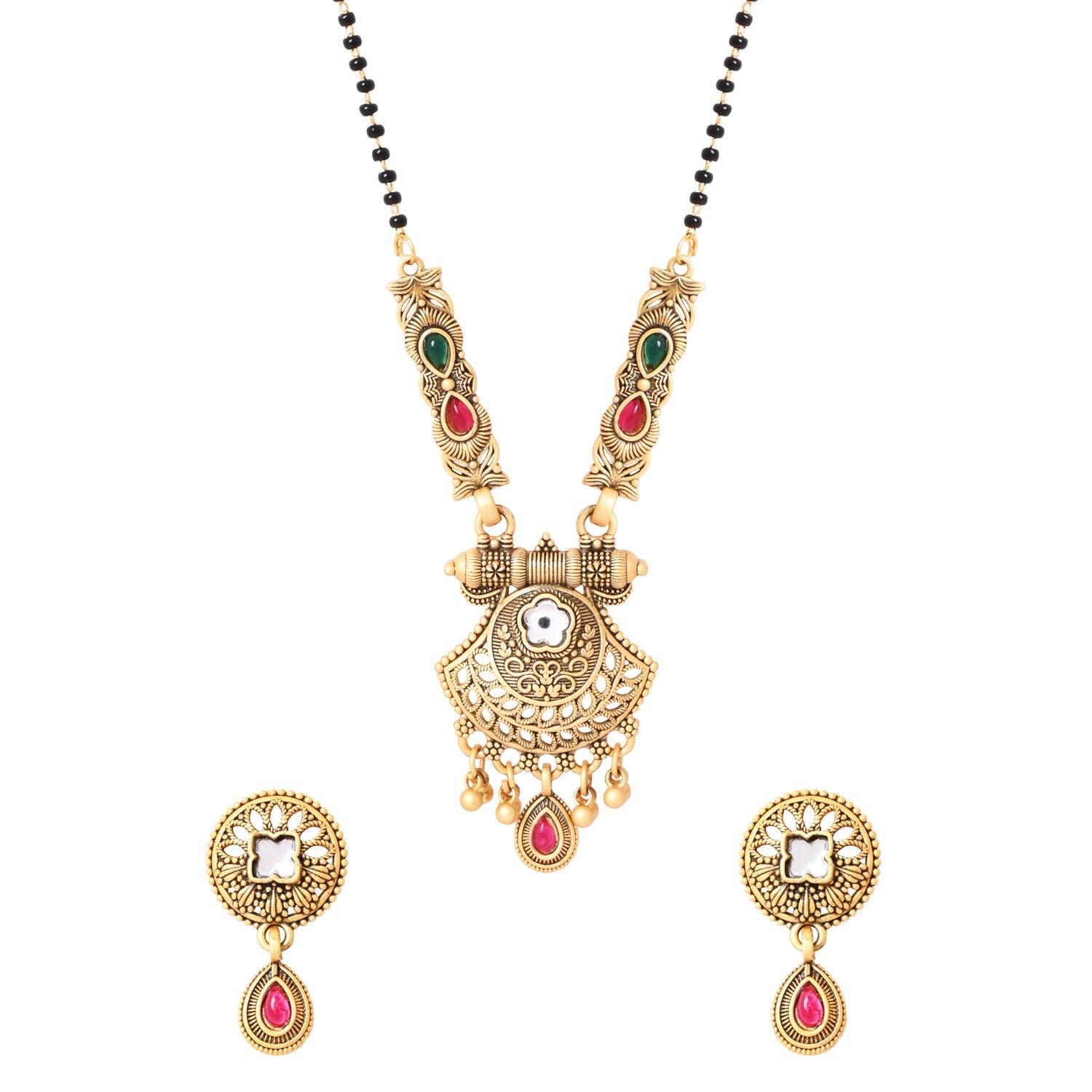 Etnico Gold Plated Traditional Pendant & Black Bead Chain Mangalsutra With Earrings For Women