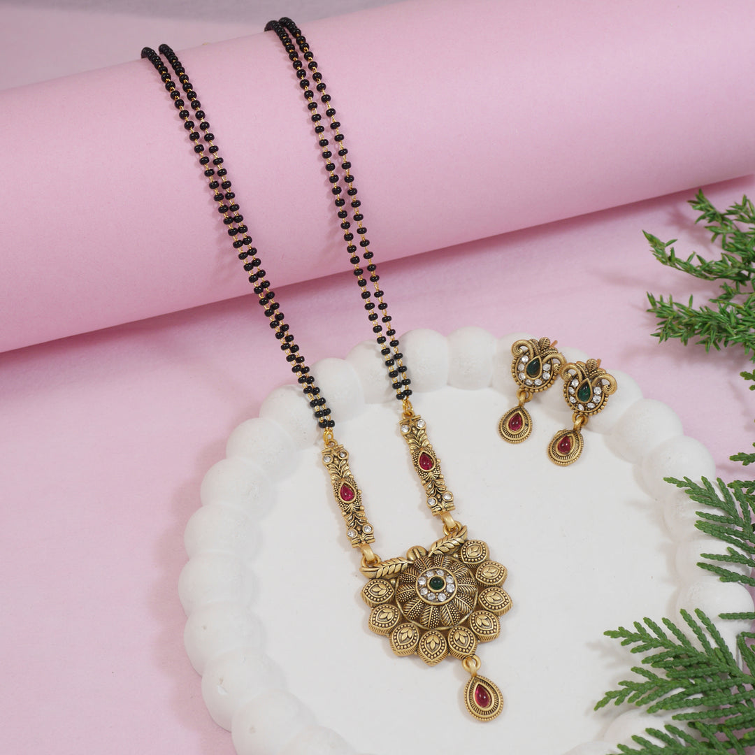 Etnico Gold Plated Traditional antique Pendant & Black Bead Chain Mangalsutra With Earrings For Women