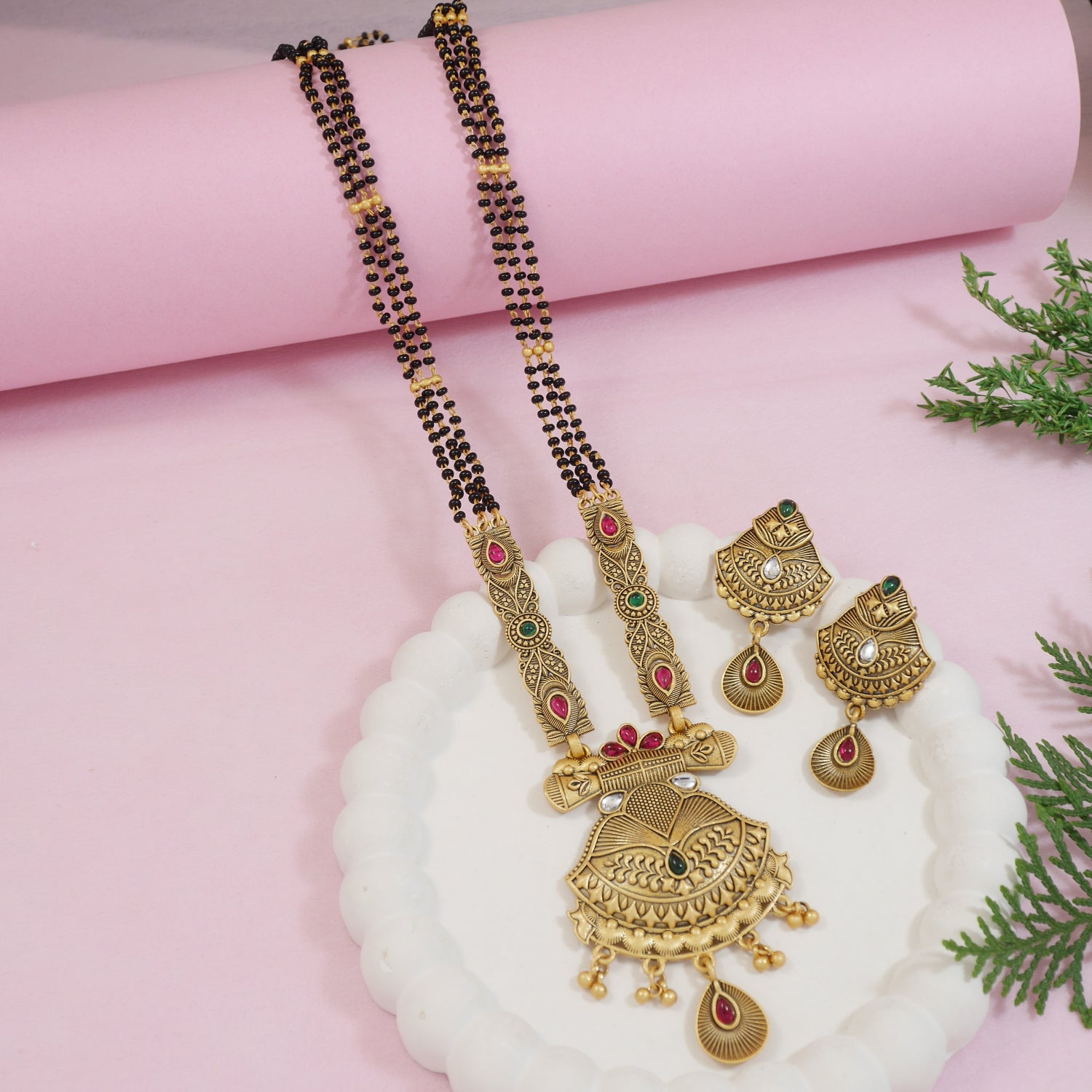 Etnico Gold Plated Traditional Studded Pendant & Black Bead Chain Mangalsutra With Earrings For Women