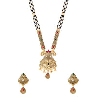 Etnico Gold Plated Traditional Studded Pendant & Black Bead Chain Mangalsutra With Earrings For Women