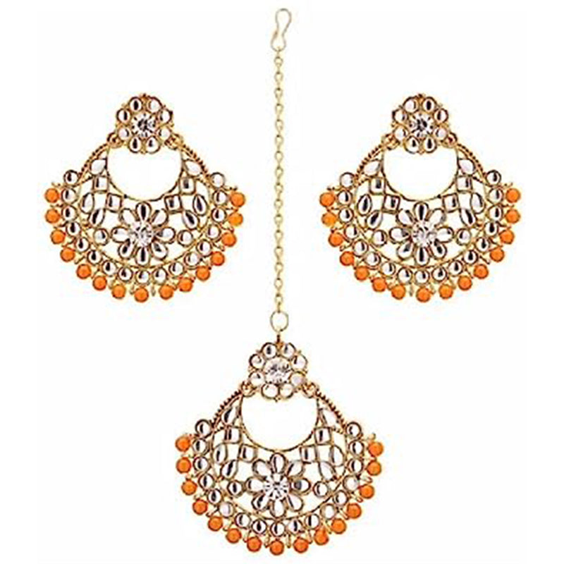 Subhag Alankar Orange Alloy Jewel Set with Maangtikka