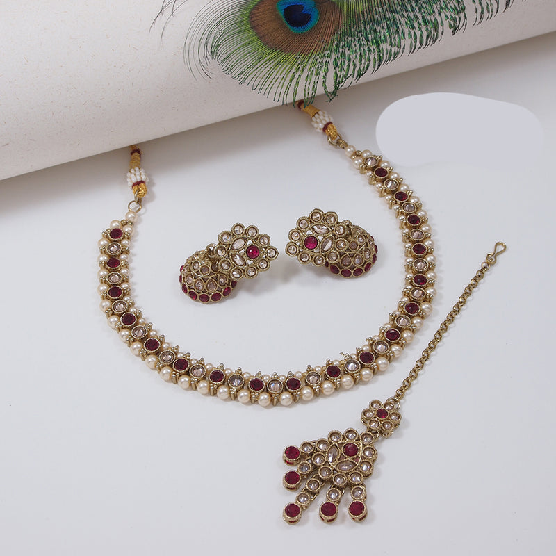 Mangalmani Jewels Gold Plated Crystal Stone Pearl And Beads Necklace Set