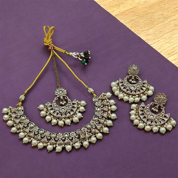 Gehana Mahal Gold Plated Crystal Stone Pearl And Beads Necklace Set