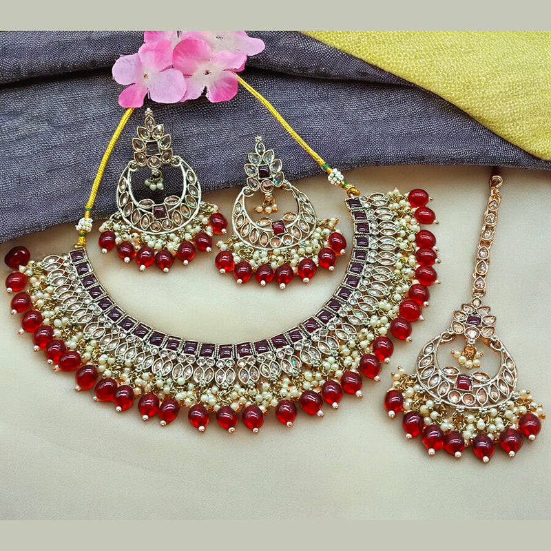 Gehana Mahal Gold Plated Crystal Stone Pearl And Beads Necklace Set