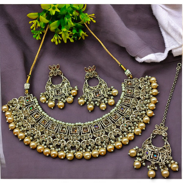 Gehana Mahal Gold Plated Crystal Stone Pearl And Beads Necklace Set