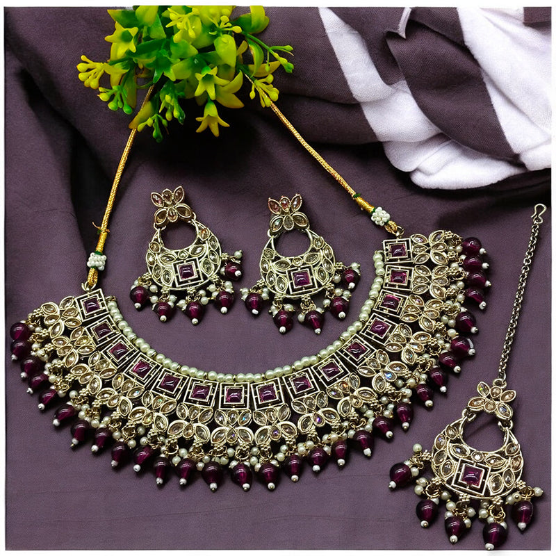 Gehana Mahal Gold Plated Crystal Stone Pearl And Beads Necklace Set