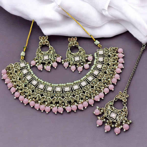 Gehana Mahal Gold Plated Crystal Stone Pearl And Beads Necklace Set