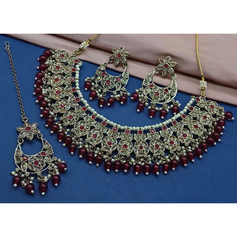 Gehana Mahal Gold Plated Crystal Stone Pearl And Beads Necklace Set