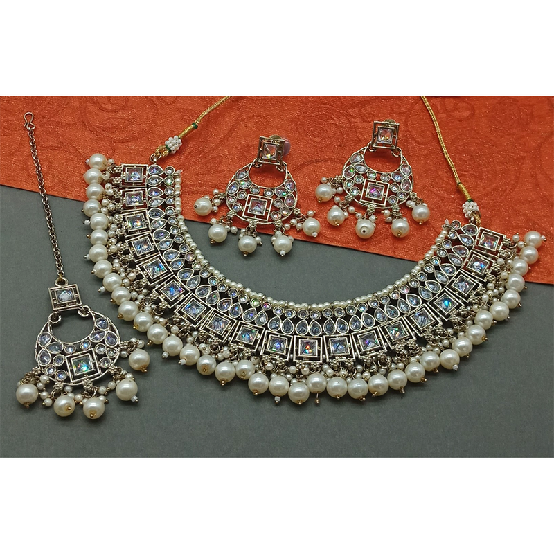 Gehana Mahal Gold Plated Crystal Stone Pearl And Beads Necklace Set