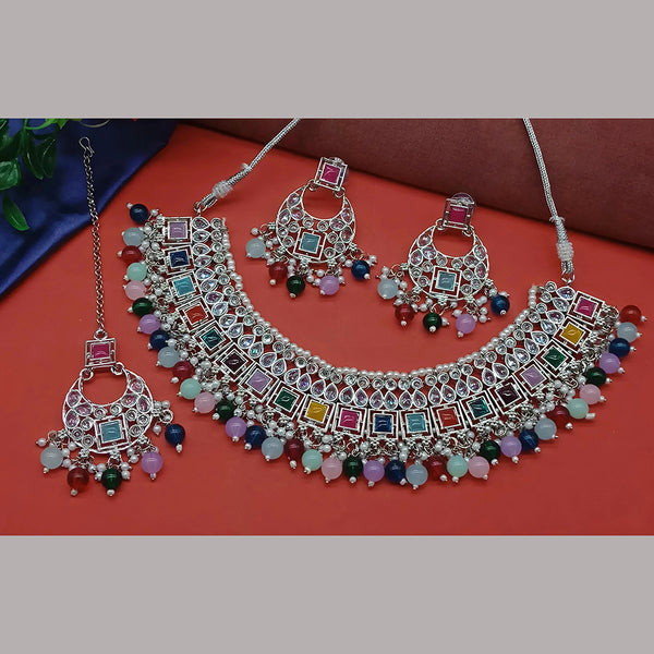 Gehana Mahal Silver Plated Crystal Stone Pearl And Beads Necklace Set