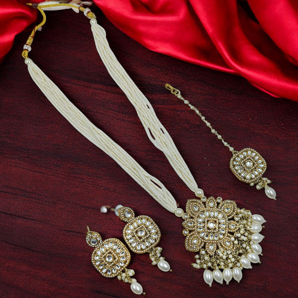 Gehana Mahal Gold Plated Kundan Stone And Pearls Long Necklace Set