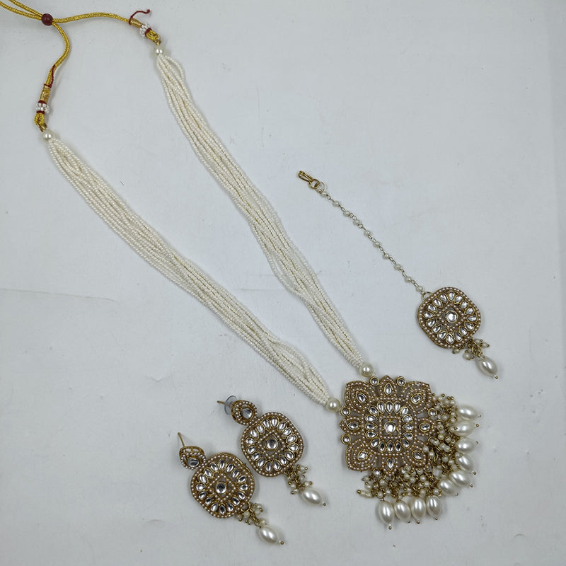 Gehana Mahal Gold Plated Kundan Stone And Pearls Long Necklace Set