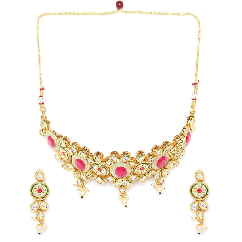 Rasmm Creations Gold Plated Mint Meena And Kundan With Ruby Pota Necklace Set